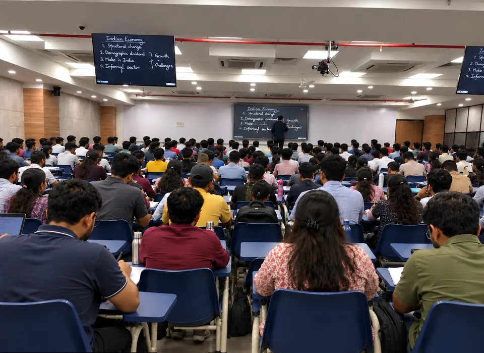 Students attending a lecture on the Indian economy in a large classroom