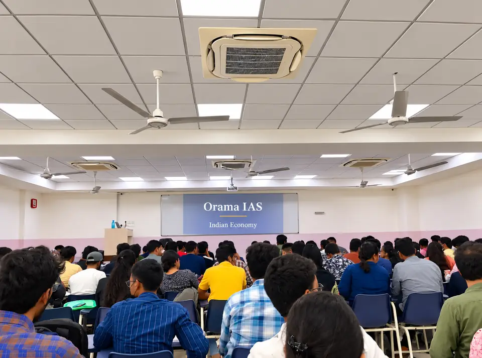 Students seated in a classroom facing a screen that reads Orama IAS, Indian Economy
